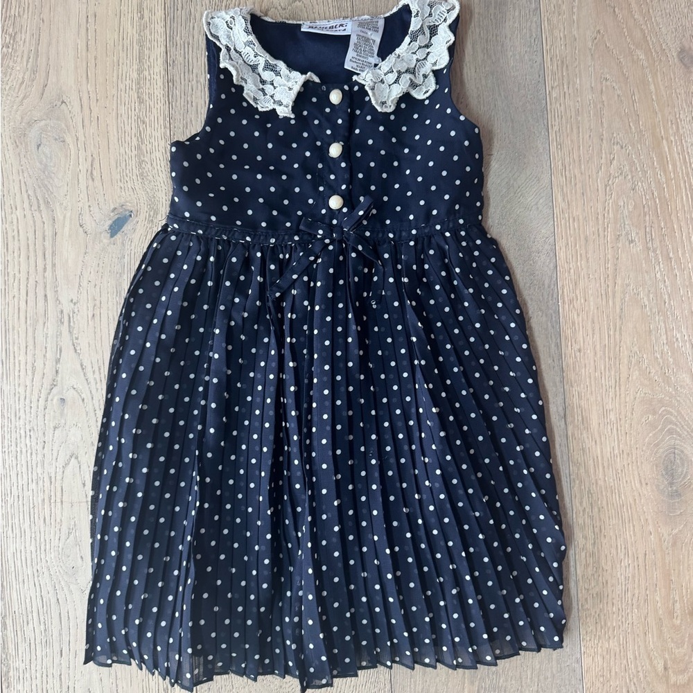 Blueberi Boulevard Navy Dress with Polka Dots and Lace